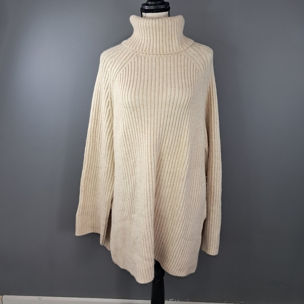 Women's H&M Ribbed Turtleneck Sweater Dress Cream White Long Sleeve Size Medium